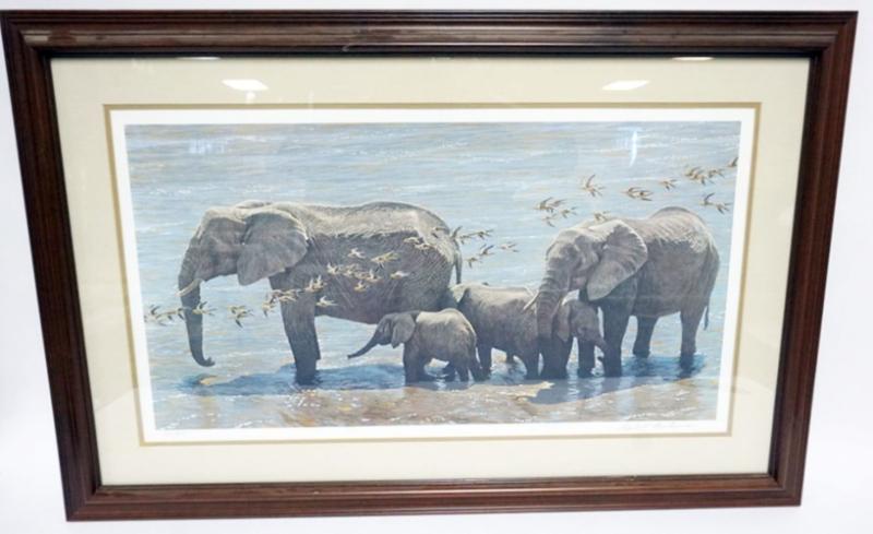 Sale Photo Thumbnail #130: 1130	ROBERT BATEMAN *ELEPHANT HERD AND SAND GROUSE*, FRAMED AND MATTED, PENCIL SIGNED AND NO. 838/950, APPROXIMATELY 38 IN X 25 IN OVERALL
