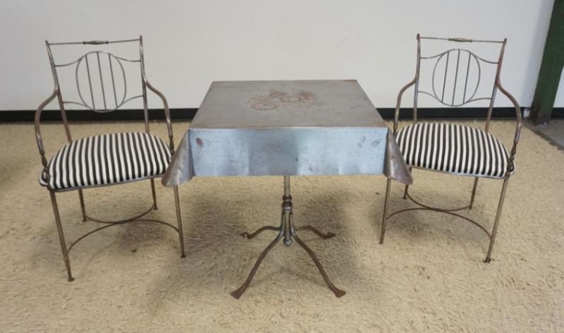 Sale Photo Thumbnail #243: 1242	MID CENTURY MODERN METAL TABLE WITH 2 CHAIRS, TABLE TOP DESIGN OF FOLDED LINEN TABLE CLOTH, TABLE APPROXIMATELY 31 IN SQ X 28 IN H, EACH CHAIR APPROXIMATELY 20 IN X 21 IN X 34 IN H, SOME SURFACE RUSTING
