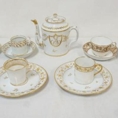 1041	GROUP OF ASSORTED ANTIQUE FRENCH PORCELAIN GILT DECORATED CUPS & SAUCERS, TEAPOT, LARGEST PIECE APPROXIMATELY 7 IN
