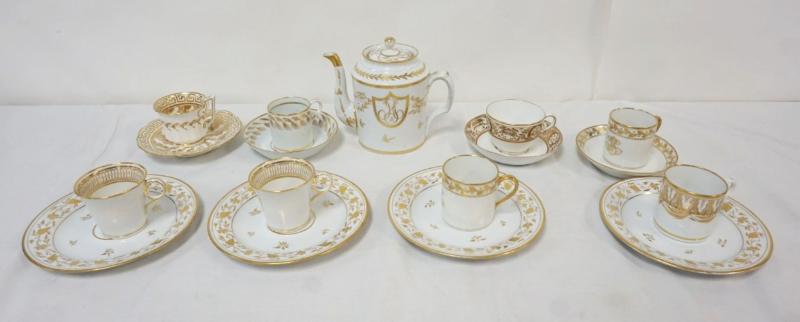 Sale Photo Thumbnail #41: 1041	GROUP OF ASSORTED ANTIQUE FRENCH PORCELAIN GILT DECORATED CUPS & SAUCERS, TEAPOT, LARGEST PIECE APPROXIMATELY 7 IN
