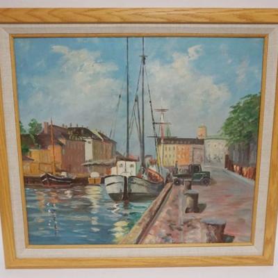 1114	OIL PAINTING ON CANVAS, HARBOR SCENE, ARTIST SIGNED, APPROXIMATELY 32 IN X 29 IN OVERALL
