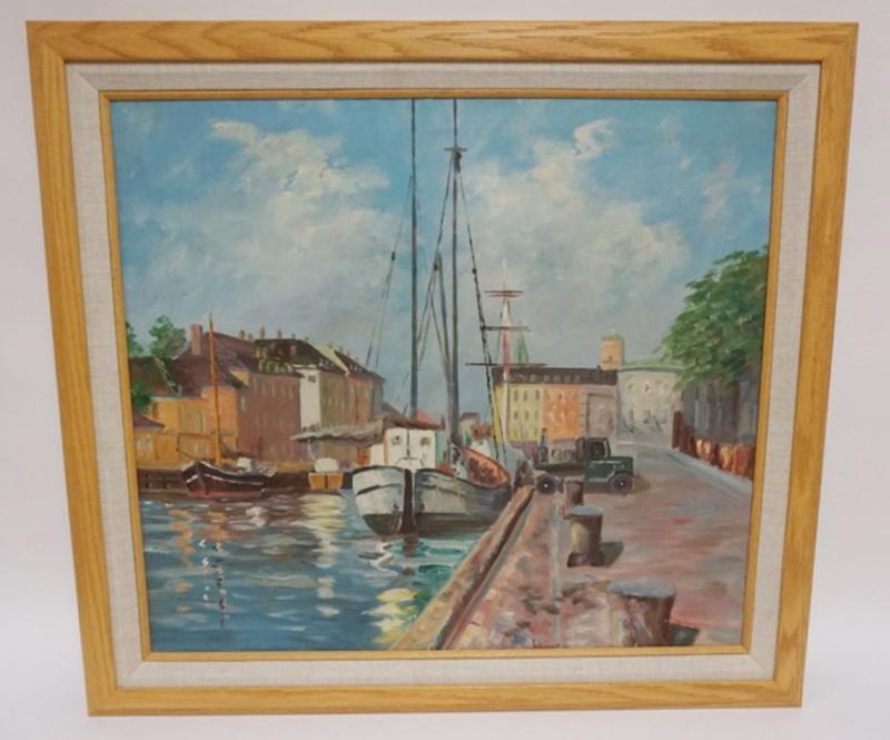 Sale Photo Thumbnail #114: 1114	OIL PAINTING ON CANVAS, HARBOR SCENE, ARTIST SIGNED, APPROXIMATELY 32 IN X 29 IN OVERALL
