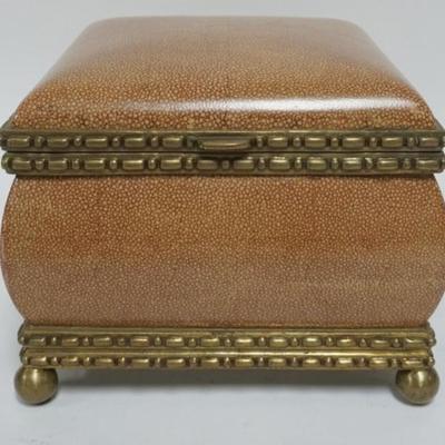 1159	CASTILIAN PORCELAIN AND METAL BANDED DRESSER BOX, APPROXIMATELY 8 IN SQ X 6 1/4 IN H
