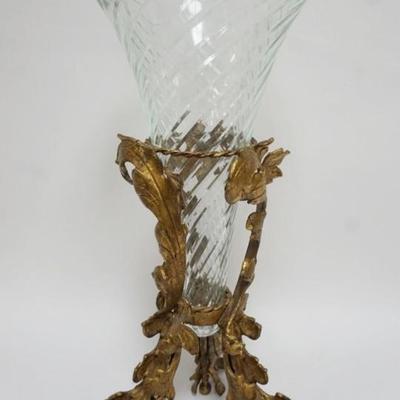 1146	LARGE SWIRL CUT GLASS VASE IN ORNATE CONTEMPORARY GILT FINISHED MEATAL BASE, APPROXIMATELY 24 1/2 IN H
