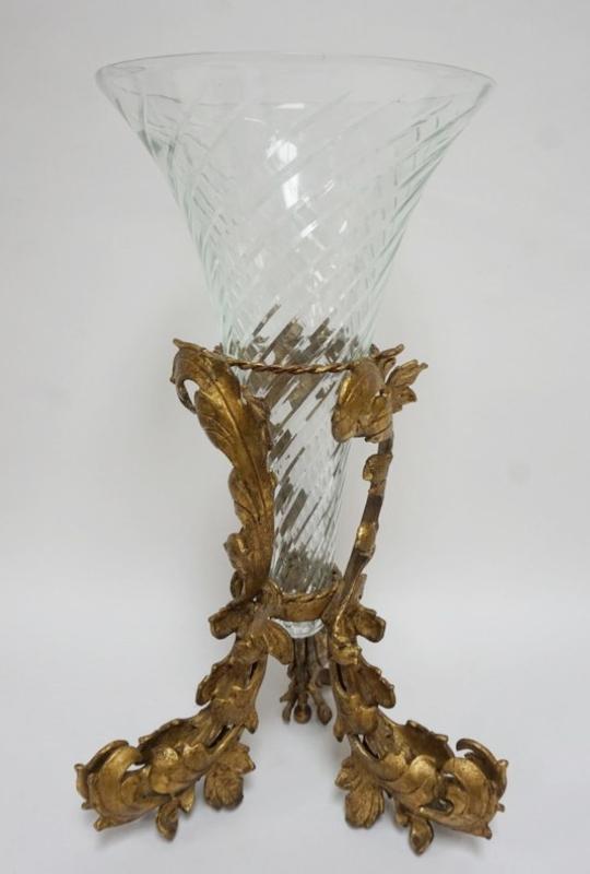 Sale Photo Thumbnail #146: 1146	LARGE SWIRL CUT GLASS VASE IN ORNATE CONTEMPORARY GILT FINISHED MEATAL BASE, APPROXIMATELY 24 1/2 IN H
