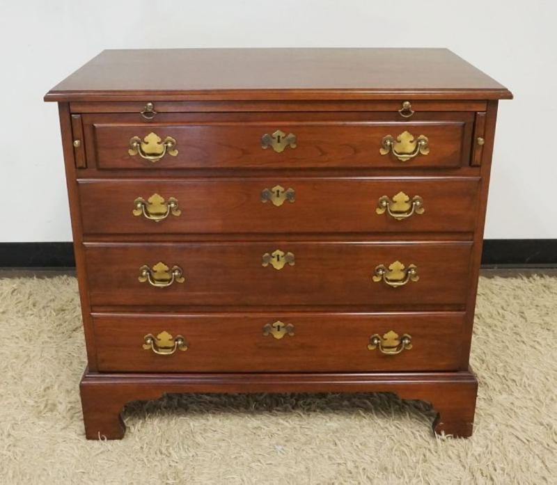 Sale Photo Thumbnail #276: 1275	HENKEL HARRIS VIRGINIA GALLERIES SOLID BLACK CHERRY 4 DRAWER CHEST WITH PULL OUT SURFACE ON TOP, APPROXIMATELY 34 IN X 19 IN X 31 IN H
