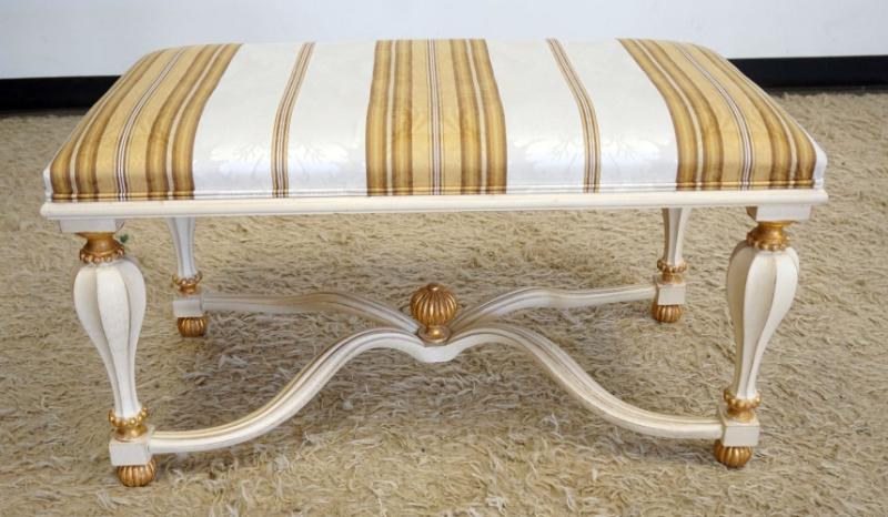 Sale Photo Thumbnail #226: 1225	ITALIAN *DECORATIVE CRAFTS* HANDMADE UPHOLSTERED BENCH WITH GILT ACCENTS, APPROXIMATELY 35 IN X 20 IN X 19 IN H
