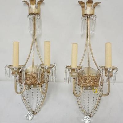 1181	PAIR OF HANGING WALL LIGHT SCONCES WITH PRISMS, EACH APPROXIMATELY 21 IN H, SOME PRISMS MISSING
