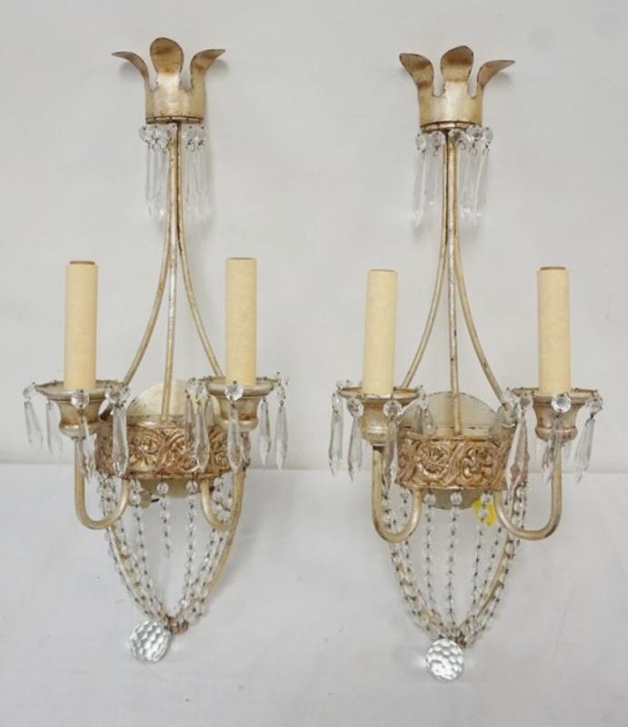 Sale Photo Thumbnail #182: 1181	PAIR OF HANGING WALL LIGHT SCONCES WITH PRISMS, EACH APPROXIMATELY 21 IN H, SOME PRISMS MISSING
