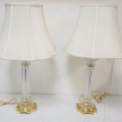 1187	PAIR OF CRYSTAL AND BRASS BASED TABLE LAMPS, EACH APPROXIMATELY 34 N H
