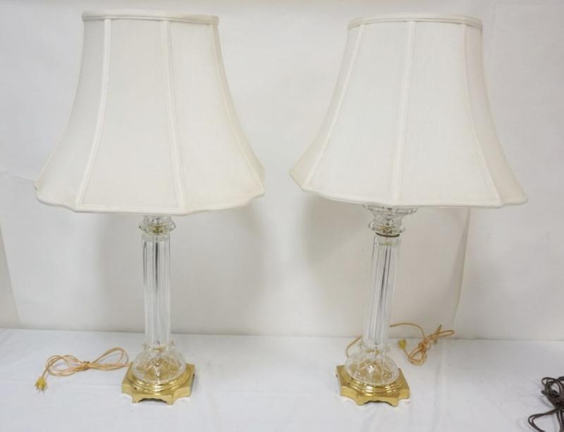 Sale Photo Thumbnail #188: 1187	PAIR OF CRYSTAL AND BRASS BASED TABLE LAMPS, EACH APPROXIMATELY 34 N H
