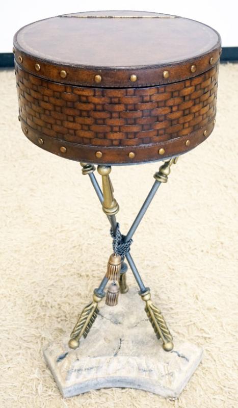 Sale Photo Thumbnail #216: 1215	DECORATED LIFT TOP STAND WITH WOVEN STYLE SIDES, LIFT TOP LEATHER LID. TACK ACCENTS ALL AROUND, MOUNTED ON METAL CROSSED ARROWS AND COMPOSITE BASE, APPROXIMATELY 14 IN X 31 IN H
