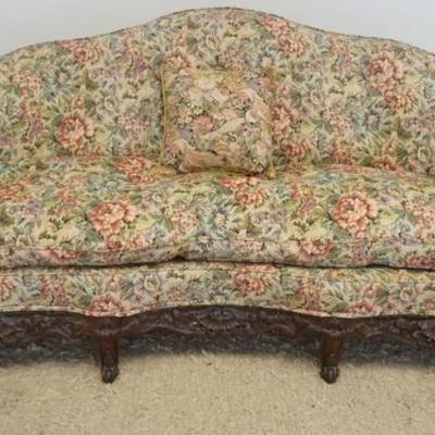 1255	FLORAL UPHOLSTERED TUFTED BACK SOFA WITH HEAVILY CARVED FRAME, APPROXIMATELY 78 IN X 39 IN X 38 IN H
