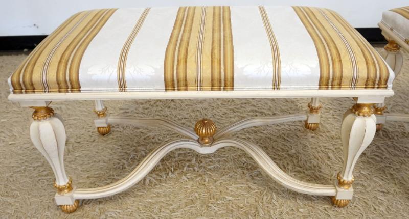 Sale Photo Thumbnail #225: 1224	ITALIAN *DECORATIVE CRAFTS* HANDMADE UPHOLSTERED BENCH WITH GILT ACCENTS, APPROXIMATELY 35 IN X 20 IN X 19 IN H

