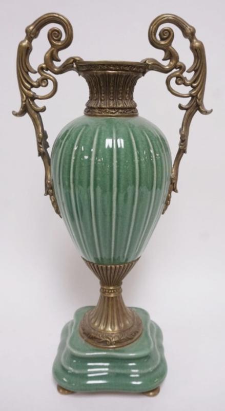 Sale Photo Thumbnail #162: 1162	CONTEMPORARY CELADON STYLE URN WITH CAST METAL FLAIRED TOP AND DOUBLE HANDLES, APPROXIMATELY 19 IN H
