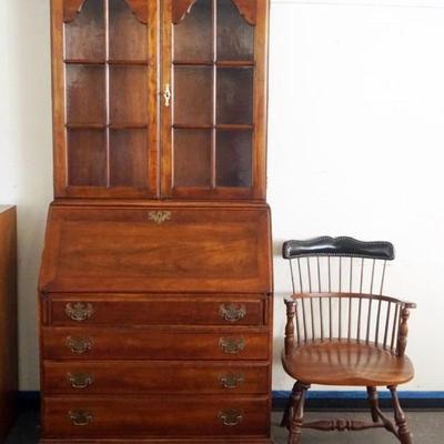 1257	SOLID CHERRY DUCKLOE BROS 2 PIECE SECRETARY DESK WITH WAVY GLASS PANELS AND WINDSOR STYLE CHAIR, SECRETARY APPROXIMATELY 37 IN WIDE...