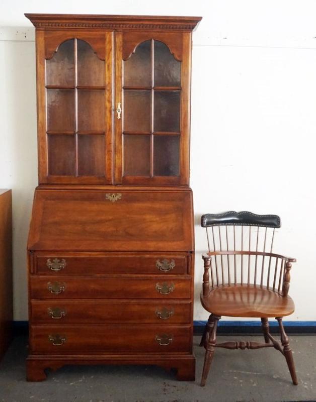 Sale Photo Thumbnail #258: 1257	SOLID CHERRY DUCKLOE BROS 2 PIECE SECRETARY DESK WITH WAVY GLASS PANELS AND WINDSOR STYLE CHAIR, SECRETARY APPROXIMATELY 37 IN WIDE X 20 IN DEEP X 82 IN HIGH
