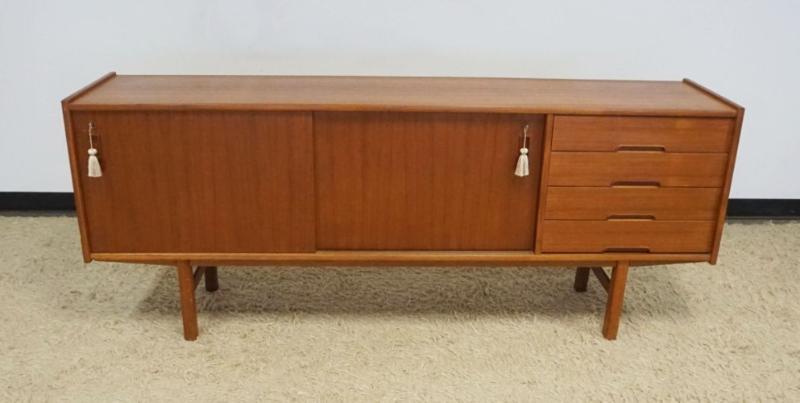 Sale Photo Thumbnail #242: 1241	MID CENTURY MODERN TEAK 2 DOOR, 4 DRAWER WALL SERVER WITH KEYS, APPROXIMATELY 79 IN X 18 IN X 32 IN H
