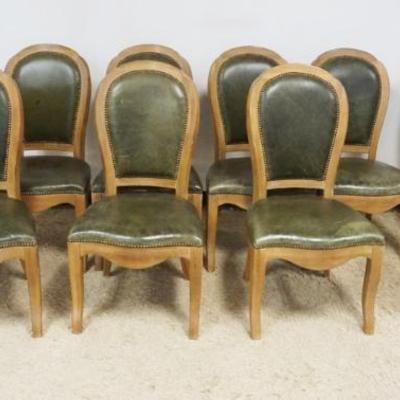 1227	SET OF 10 OAK SIDE CHAIRS WITH GREEN LEATHER SEATS AND BACKS WITH BRASS TACK ACCENTS, EACH APPROXIMATELY 21 IN X 20 IN X 41 IN H
