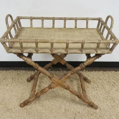 1229	FAUX BAMBOO AND WOVEN TOP TRAY TABLE ON A X STRETCHER BASE, APPROXIMATELY 35 IN X 22 IN X 34 IN H
