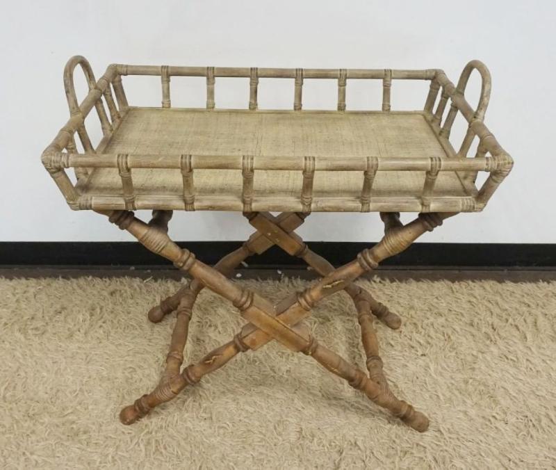 Sale Photo Thumbnail #230: 1229	FAUX BAMBOO AND WOVEN TOP TRAY TABLE ON A X STRETCHER BASE, APPROXIMATELY 35 IN X 22 IN X 34 IN H
