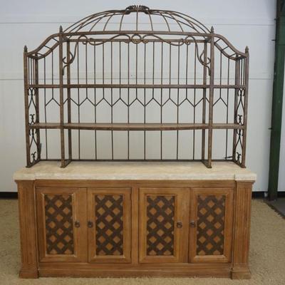 1200	DREXEL HERITAGE 2 PIECE CREDENZA WITH SCROLLED WROUGHT METAL SHELF TOP AND FAUX MARBLE TOP ON OAK 4 DOOR BASE, APPROXIMATELY 78 IN X...