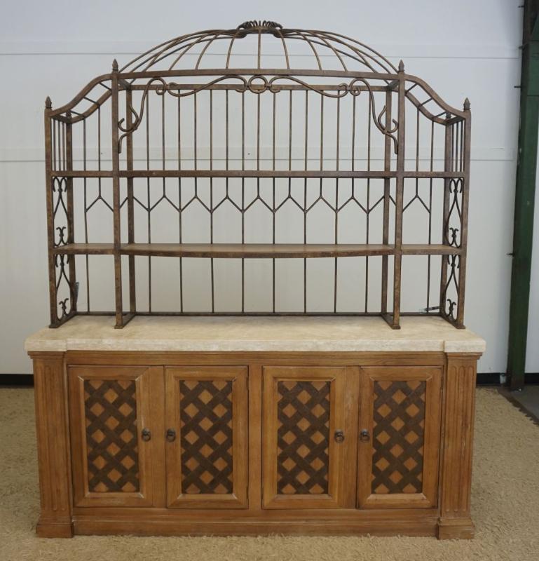 Sale Photo Thumbnail #201: 1200	DREXEL HERITAGE 2 PIECE CREDENZA WITH SCROLLED WROUGHT METAL SHELF TOP AND FAUX MARBLE TOP ON OAK 4 DOOR BASE, APPROXIMATELY 78 IN X 21 IN X 93 IN H

