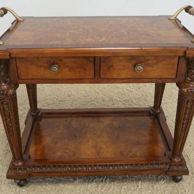 1199	ROLLING WOOD CART WITH BURL WOOD FINISHED TOP AND SIDES, CART HAS 2 SILVERWARE DRAWERS AND BRASS HANDLES AT EITHER SIDE,...