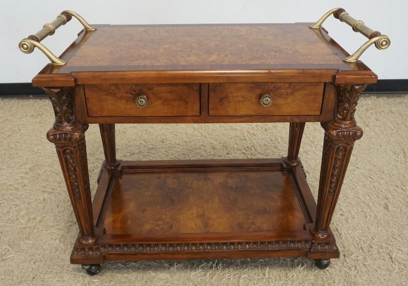 Sale Photo Thumbnail #200: 1199	ROLLING WOOD CART WITH BURL WOOD FINISHED TOP AND SIDES, CART HAS 2 SILVERWARE DRAWERS AND BRASS HANDLES AT EITHER SIDE, APPROXIMATELY 38 IN X 21 IN X 32 IN H
