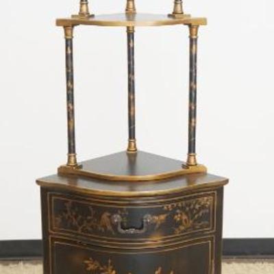 1207	CASTILIAN IMPORTS 2 PART ASIAN STYLE CHINOISERIE CORNER CURIO STAND WITH 1 DOOR, APPROXIMATELY 20 IN X 14 IN X 75 IN H
