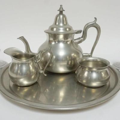 1016	HENRY FORD MUSEUM WOODBURY PEWTER GREENFEILD VILLAGE TEASET W/TRAY & 2 PEWTER CANDLESTICKS, TRAY APPROXIMATELY 12 IN
