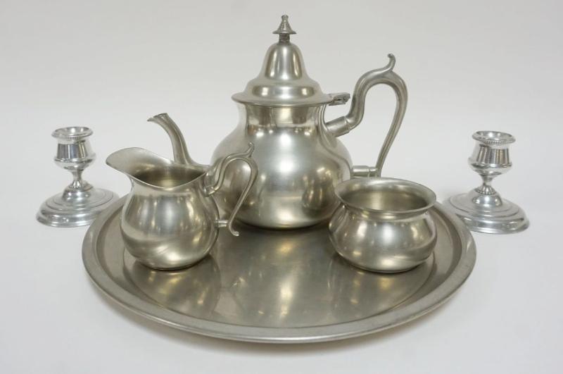 Sale Photo Thumbnail #16: 1016	HENRY FORD MUSEUM WOODBURY PEWTER GREENFEILD VILLAGE TEASET W/TRAY & 2 PEWTER CANDLESTICKS, TRAY APPROXIMATELY 12 IN
