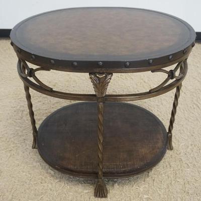 1209	OVAL METAL LAMP TABLE WITH INSET LEATHER TOP AND WOVEN CENTER BASE, APPROXIMATELY 29 IN X 25 IN X 26 IN H
