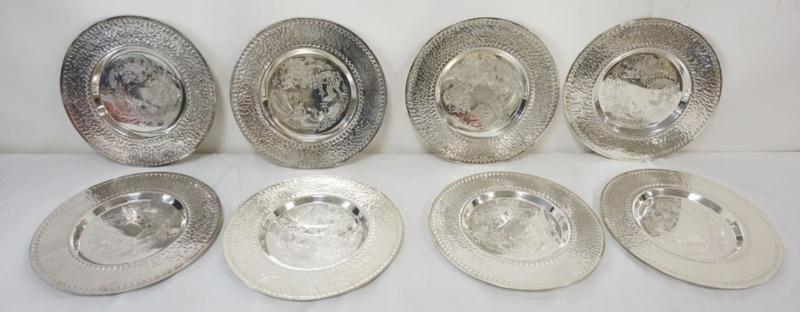 Sale Photo Thumbnail #97: 1097	8-12 IN SILVER PLATE DISHES WITH HAMMERD AND INCISED ASIAN DESIGN, DRAGONS/SERPENTS

