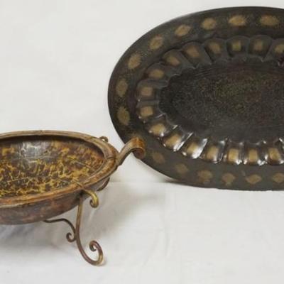 1170	LARGE CONTEMPORARY BRONZE FINISHED OVAL METAL PLANTER WITH HAND TOOLED DESIGN AND LARGE ROUND METAL CONSOLE CENTER BOWL WITH WROUGHT...