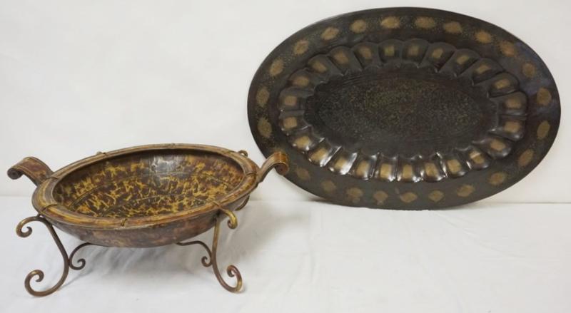 Sale Photo Thumbnail #171: 1170	LARGE CONTEMPORARY BRONZE FINISHED OVAL METAL PLANTER WITH HAND TOOLED DESIGN AND LARGE ROUND METAL CONSOLE CENTER BOWL WITH WROUGHT IRON BASE, PLANTER APPROXIMATELY 35 IN X 23 IN
