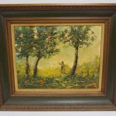 1111	OIL ON BOARD, ABSTRACT WOODED SCENE, ARTIST SIGNED LOWER LEFT, APPROXIMATELY 25 1/2 IN X 21 3/4 IN OVERALL
