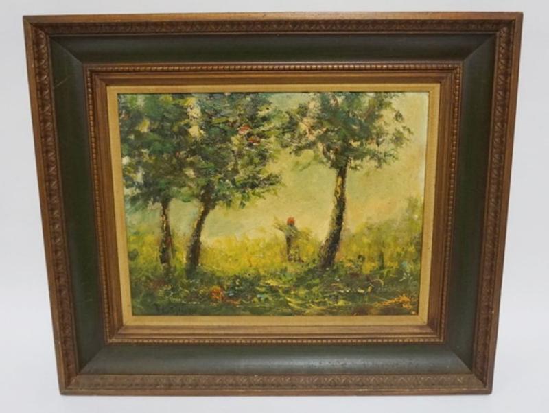 Sale Photo Thumbnail #111: 1111	OIL ON BOARD, ABSTRACT WOODED SCENE, ARTIST SIGNED LOWER LEFT, APPROXIMATELY 25 1/2 IN X 21 3/4 IN OVERALL
