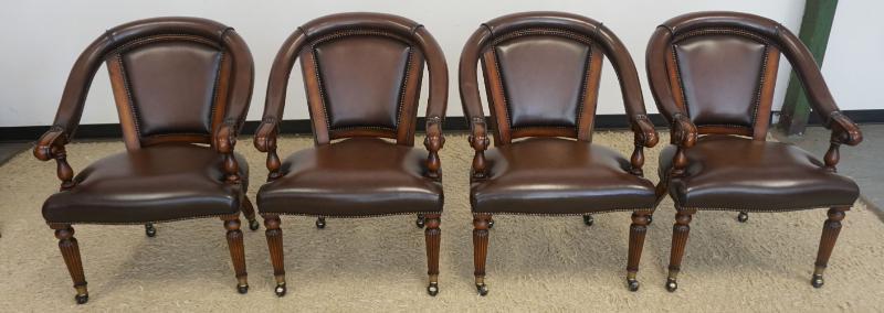 Sale Photo Thumbnail #206: 1205	SET OF 4 THEODORE ALEXANDER LEATHER ARM CHAIRS WITH TAPERED REEDED LEGS, CLEAN
