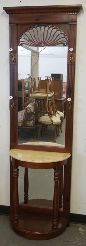 Sale Photo Thumbnail #259: 1258	HALL ENTRY COAT RACK WITH MIRROR AND MARBLE TOP, APPROXIMATELY 28 IN X 13 IN X 80 ON H
