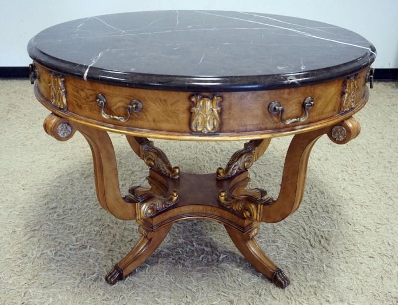 Sale Photo Thumbnail #269: 1268	CENTURY MARBLE TOP TABLE WITH 2 DRAWERS, APPROXIMATELY 41 IN X 30 IN H
