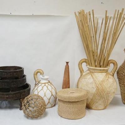 1169	GROUP OF ASSORTED DECORATIVE ITEMS INCLUDING NEST OF 3 PLANT STANDS, SOUTH WESTERN STYLE POTTERY, WOVEN BASKET, ETC, LARGEST PIECE...
