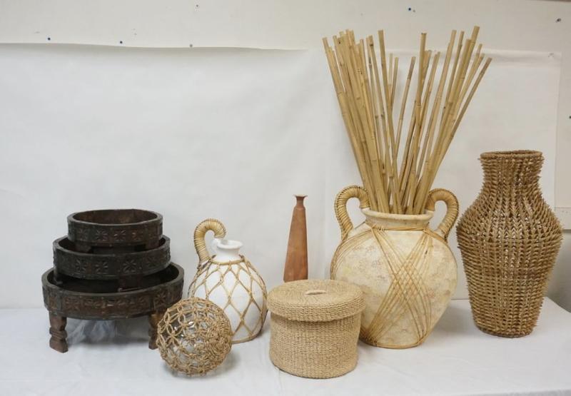 Sale Photo Thumbnail #170: 1169	GROUP OF ASSORTED DECORATIVE ITEMS INCLUDING NEST OF 3 PLANT STANDS, SOUTH WESTERN STYLE POTTERY, WOVEN BASKET, ETC, LARGEST PIECE APPROXIMATELY 25 IN H
