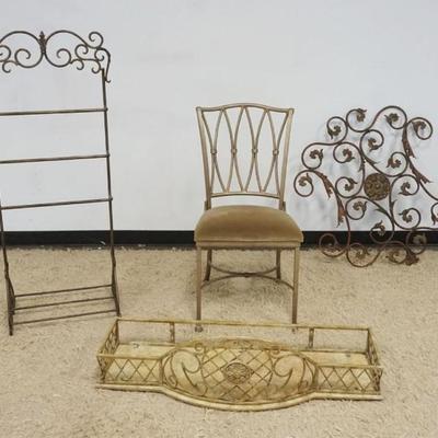 1238	GROUP OF METAL ACCESSORIES INCLUDING TOWEL RACK, SIDE CHAIR, HANGING SHELF AND DECORATED WALL HANGER, LARGEST PIECE APPROXIMATELY 42...