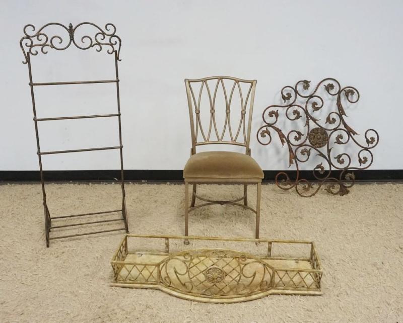 Sale Photo Thumbnail #239: 1238	GROUP OF METAL ACCESSORIES INCLUDING TOWEL RACK, SIDE CHAIR, HANGING SHELF AND DECORATED WALL HANGER, LARGEST PIECE APPROXIMATELY 42 IN X 16 IN X 12 IN
