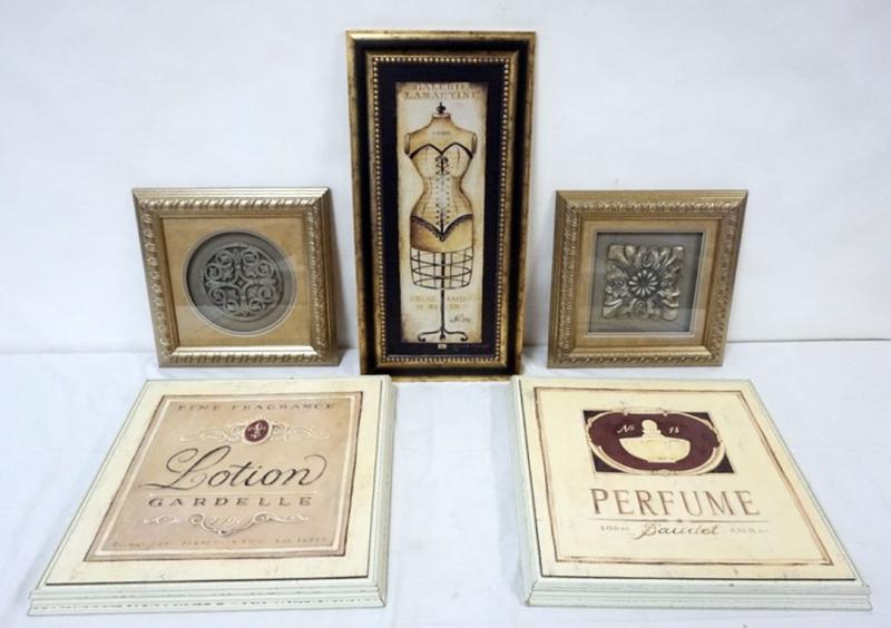 Sale Photo Thumbnail #129: 1129	GROUP OF ASSORTED FRAMED DECORATIVE WALL HANGINGS, LARGEST APPROXIMATELY 18 IN X 18 IN 
