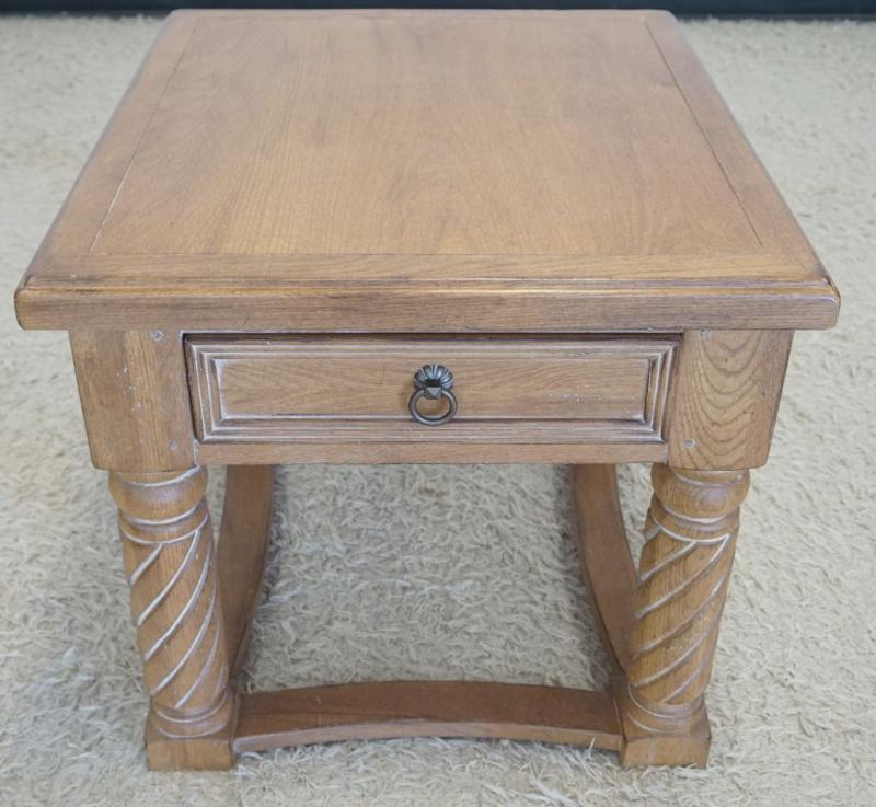 Sale Photo Thumbnail #224: 1223	DREXEL HERITAGE OAK 1 DRAWER LAMP TABLE, APPROXIMATELY 26 IN X 30 IN X 25 IN H
