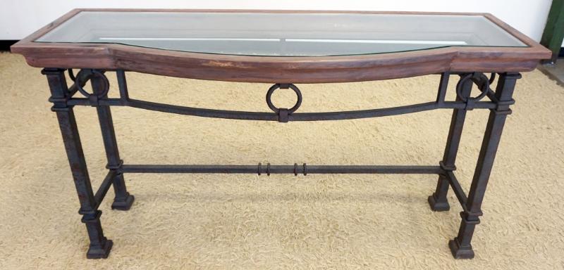 Sale Photo Thumbnail #213: 1212	GLASS TOP CONSOLE TABLE ON WROUGHT METAL BASE, APPROXIMATELY 60 IN X 20 IN X 34 IN H
