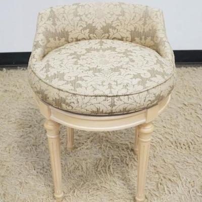 1231	UPHOLSTERED VANITY STOOL WITH SWIVEL SEAT, TAPERED REEDED LEGS, APPROXIMATELY 19 IN X 25 IN H
