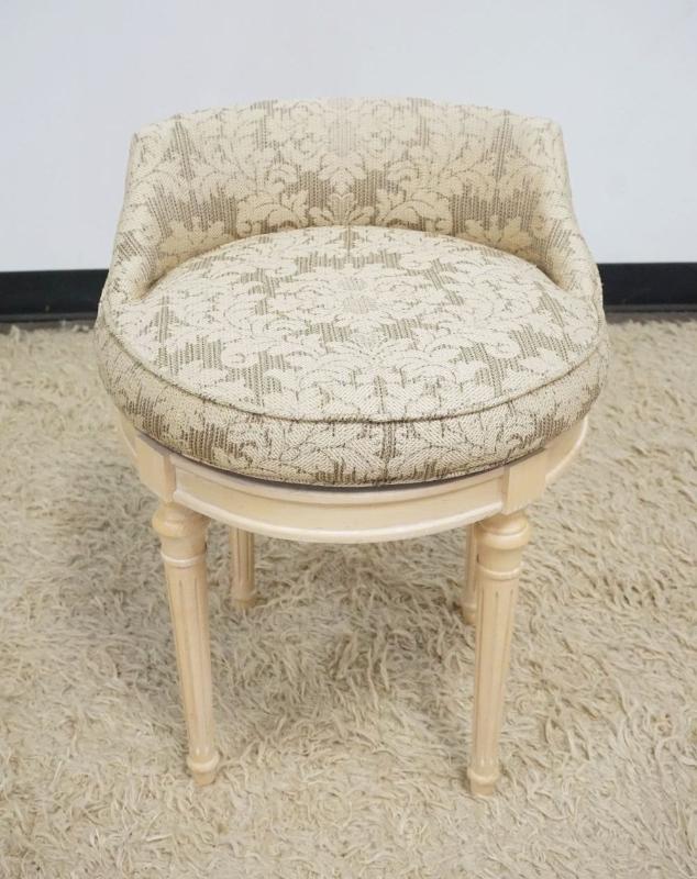 Sale Photo Thumbnail #232: 1231	UPHOLSTERED VANITY STOOL WITH SWIVEL SEAT, TAPERED REEDED LEGS, APPROXIMATELY 19 IN X 25 IN H
